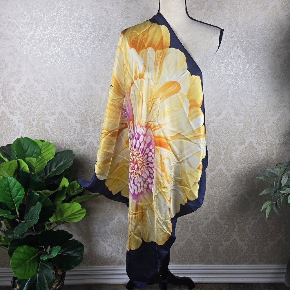 Large Square Scarf Single Flower in Center Yellow Pink White Blue Classic Gift